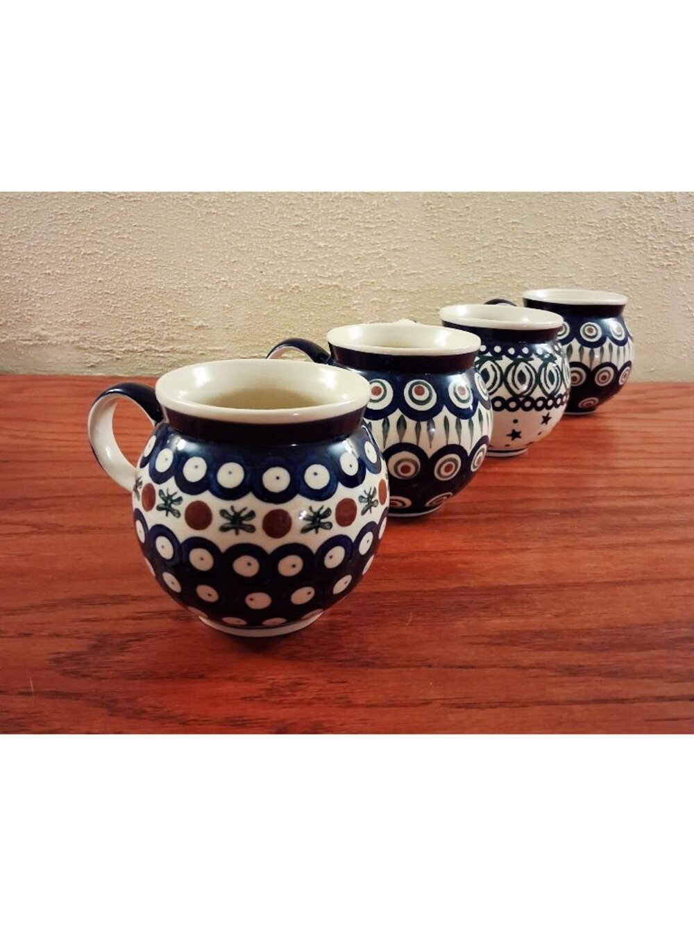 Polish Pottery Bubble Mug Cup Set 4 Royal Blue Cranberry WIZA Handmade Poland